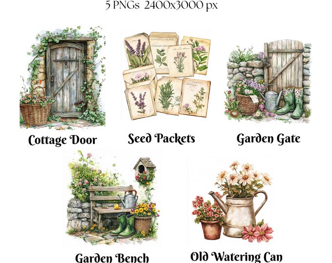 Cottagecore Garden Clipart Set | Cottagecore PNGs | Rustic Gate, Door, Bench, Watering Can, Basket & Nest | Farmhouse Floral Art