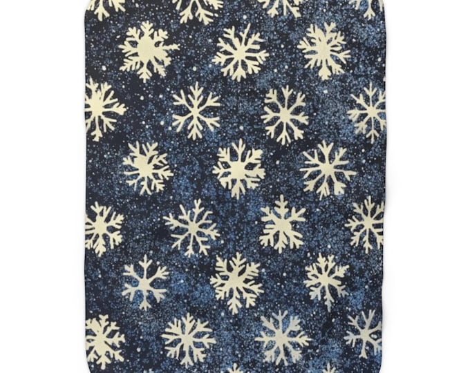 Snowy Night Blanket, Sherpa Fleece Blanket, Cozy Snowflakes, Navy Blue Throw, Warm Fluffy Blanket, Holiday Gift, Home Accent, Gift for Her,