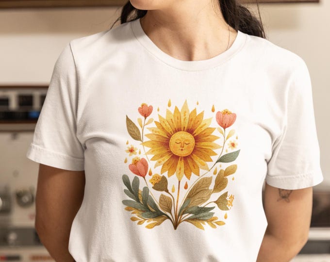 Boho Floral Sun T-Shirt,Boho Style,Sunflower Vibe,Unisex Tee,White Boho Tee,Black Boho Tee,Gift for Her,Cottagecore Tee,Floral Graphic Tee