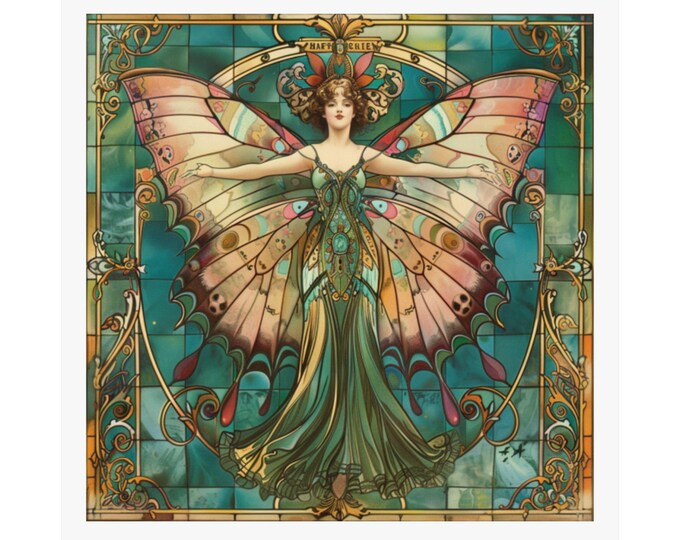Butterfly Woman Art Nouveau Poster, 14x14 Fantasy Stained Glass Style Wall Art, Boho Home Decor, Art Prints, Gift Ideas, Boho Style,