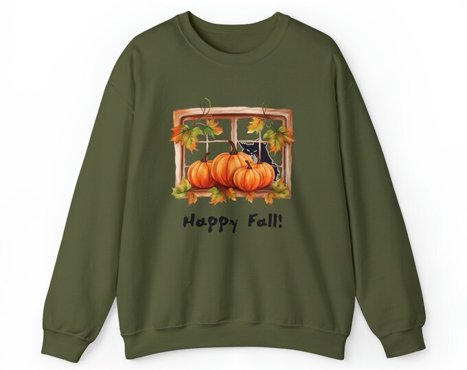 Sweatshirt, fall, pumpkins, cat, window, Bad Cat. feline, gift for cat lovers, Unisex Heavy Blend™ Crewneck Sweatshirt