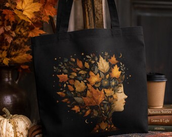 Autumn Girl Tote Bag, Cottagecore Carryall, Fall Leaves Book Bag, Woodland Market Bag, Nature Lover Gift, Reusable Shopping Tote