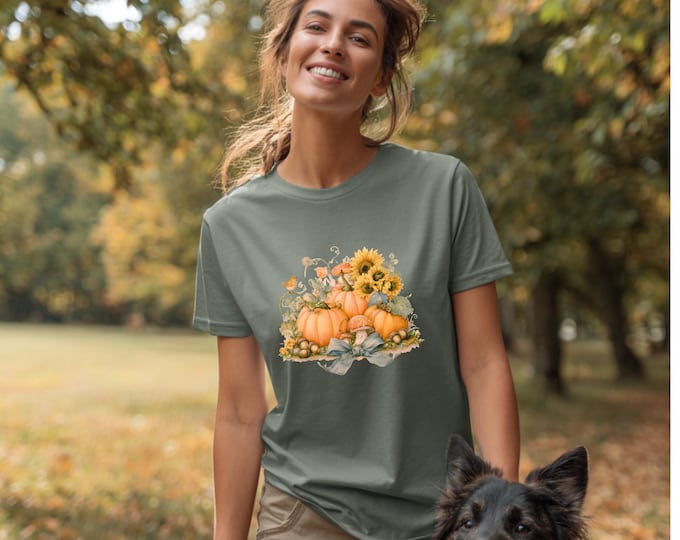 Autumncore Sunflower & Pumpkin Bow T-Shirt,Cozy Fall Graphic Tee for Pumpkin Patch, Leaf-Peeping, Cottagecore Outfits,Rustic Autumn Tee Gift