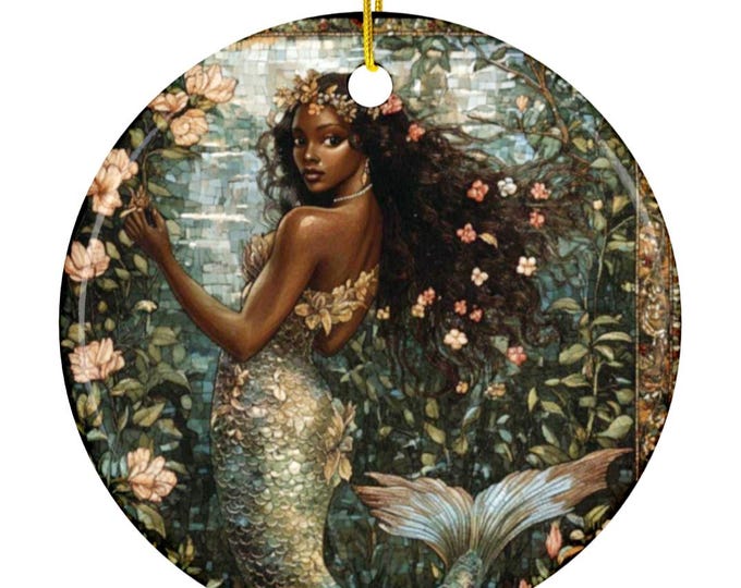 Black Mermaid Ornament, Medieval Tapestry Design, Gift for Mermaid Lovers, Holiday Decor, Christmas Ornament, 2-Side, Ceramic Ornaments,