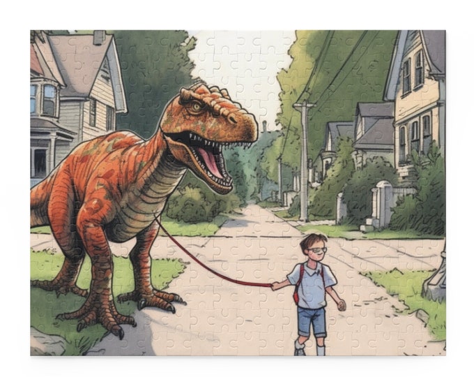 Puzzle  jigsaw, children, T Rex, pet dinosaur, whimsical, Walk Your Dinosaur T Rex,                 Puzzle (120, 252, 500-Piece)
