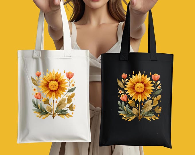 Boho Floral Sun Tote Bag,Eco-Friendly Shopping Bag,Floral Gift,Spring Summer and Fall Vibe,Reusable Grocery Bag,Beach Tote,Gift for Her