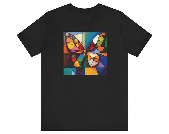 Butterfly Graphic Tee, Modern Art Top, Unique Gift for Her, Classic Black Tshirt, Bold Colors, Spring Fashion