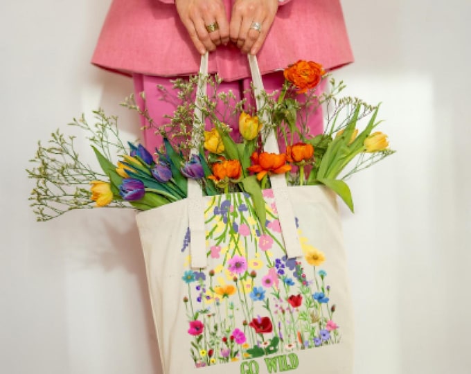 GoWildflower, wildflower-totebag, totebag-for her, gift-for her, floraltote, summer accessory, gardenlover-gift, Cotton Canvas Tote Bag