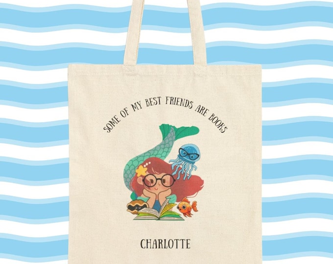 Personalized Mermaid Bookworm Tote Bag, Kids Custom Library Bag, Book Lover Gift, Canvas Book Bag