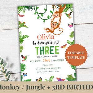 Plantilla de invitación de cumpleaños número 3 con temática de la jungla, invitación para fiesta "Tres es salvaje", invitación de cumpleaños de mono, invitación de cumpleaños safari editable, descarga instantánea.
