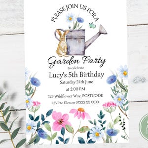 Invitación editable para fiesta de jardín de 5 años para niños o niñas. Descarga instantánea. Plantilla Canva.