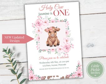 Floral Highland Cow 1st Birthday Invitation, Holy Cow Party, First Rodeo Theme, Editable Template