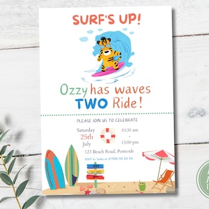 Uitnodiging voor verjaardagsfeestje surfen | Strandthema, canvassjabloon (digitale download)