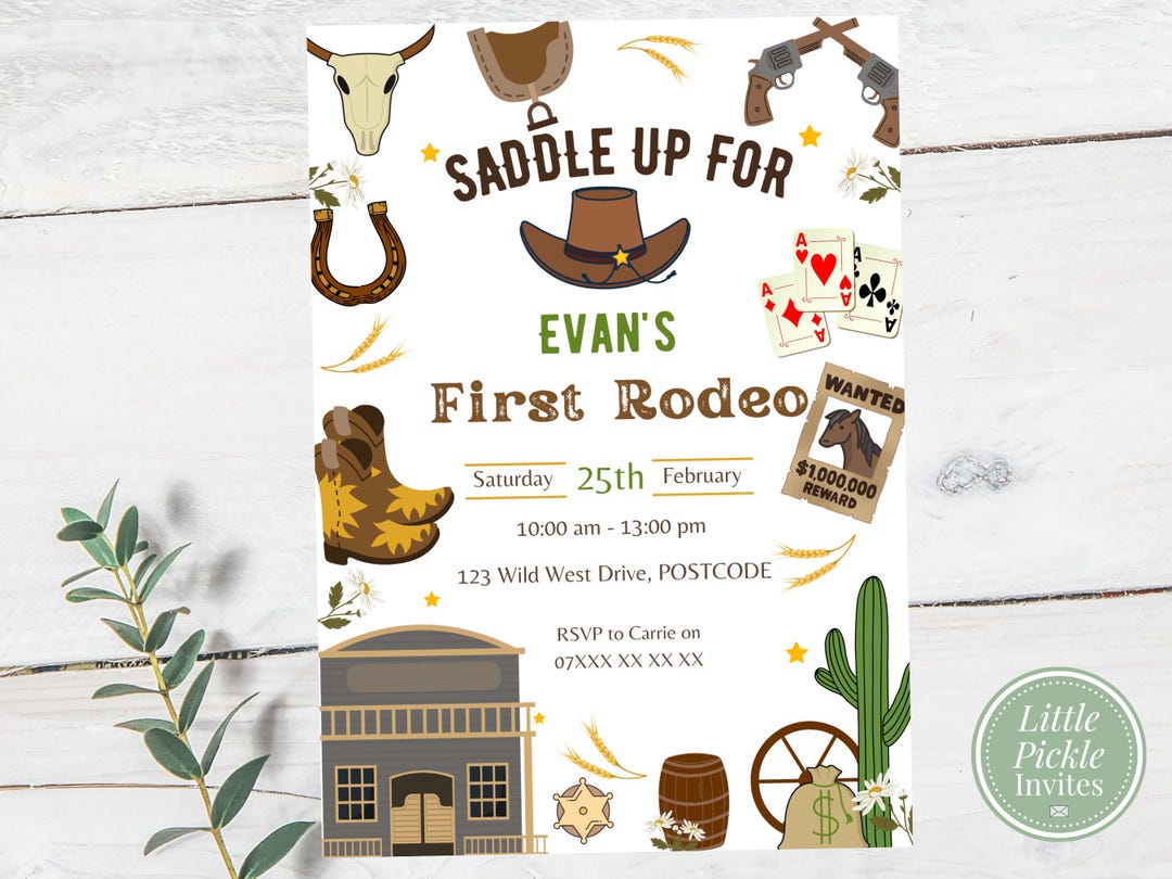 Editable First Rodeo Invitation | Cowboy Wild West Boys First Birthday ...