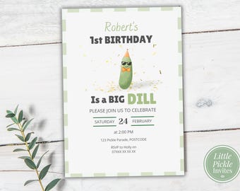 Zaproszenie na pierwsze urodziny Pickle: Big Dill Party, edytowalny szablon Canva (pobranie cyfrowe)