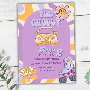 Zwei fetzige Geburtstagseinladungen für Mädchen - 70er Jahre Retro bearbeitbare Vorlage - Peace Love Party - Sofortiger Download - Einladen zum 2