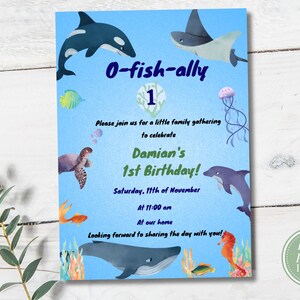 Editable O-fish-ally One, Under the Sea themed digital invitation for children&#39;s ocean themed birthday party | Customisable Canva template