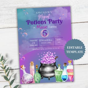 May include: A rectangular invitation template featuring a purple and teal background with bubbles and the text JOIN US FOR A MAGICAL POTIONS PARTY AS MAISIE TURNS 5. The design includes a black cauldron and various colourful glass potion bottles.