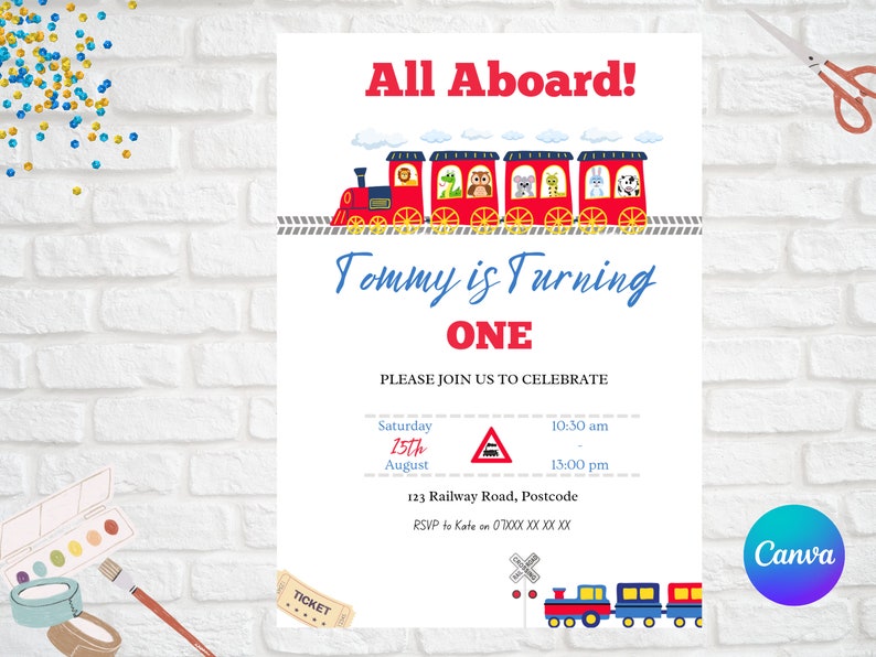 Editable Train Themed Children's First Birthday Party Invitation ...