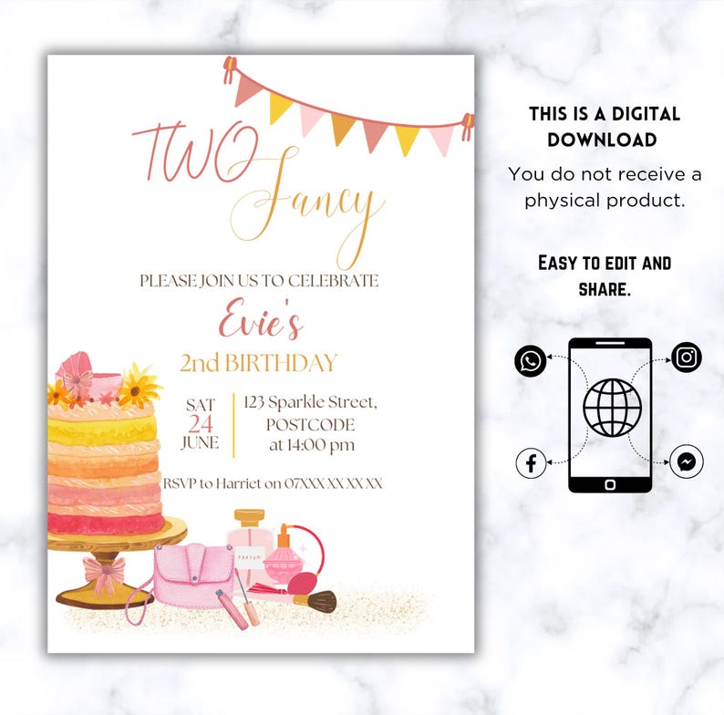 Editable Two Fancy 2nd Birthday Invitation Template | Girl's Bday ...