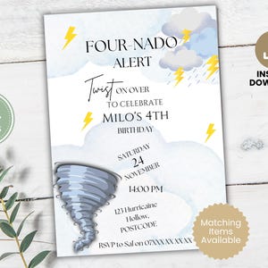 Bearbeitbare Geburtstagsfeiereinladung für Kinder zum 4. Geburtstag | Sofortdownload | Hurrikan Vorlage