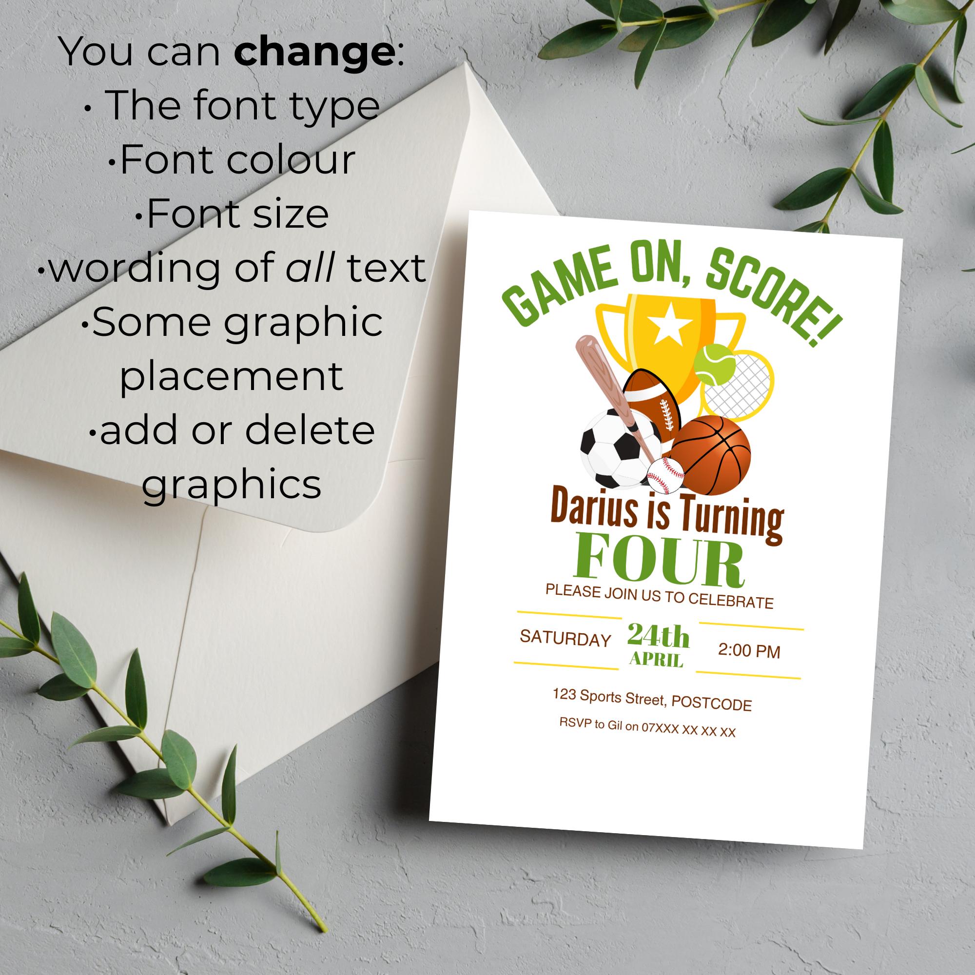Editable Ball Sport Themed Invitation | 4th Birthday Party Invite ...
