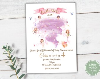 Fairy 4th Birthday Invitation: Pink & Gold Tornado (Editable Template, Digital Download