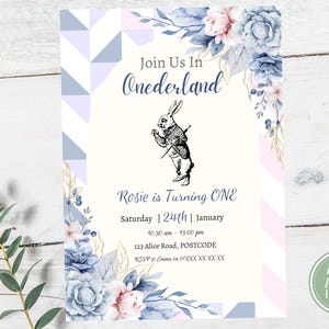 Editable Floral Alice in Wonderland Invitation | Children&#39;s First Birthday Party Invite | Instant Download | Invitation Template