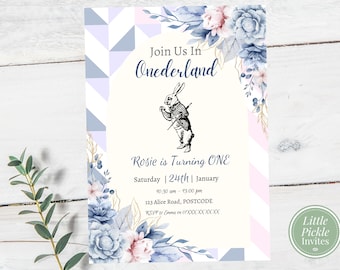 Floral Alice in Wonderland First Birthday Invitation (Digital Download)