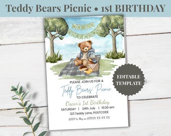 Invitación de picnic de ositos de peluche para primer cumpleaños: Fiesta en el bosque (Plantilla editable, descarga digital)