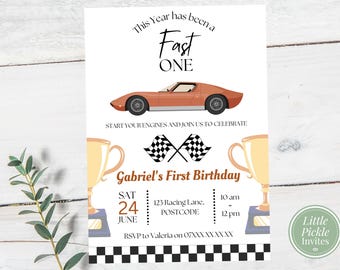Racing Car First Birthday Invitation: Fast One, Canva Template (Digital Download)