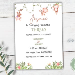 JUNGLE 3rd birthday invitation | Monkey third bday | Children's party | Digital invitation template | Instant download