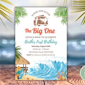 Big One Surfing First Birthday Invitation Template | Editable Beach Wave Surfer Party Invite | Summer Ocean Theme 1st Birthday Printable
