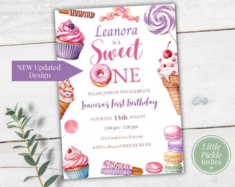 Sweet One 1st Birthday Invitation, Pastel Donut and Ice Cream Party, Editable Template