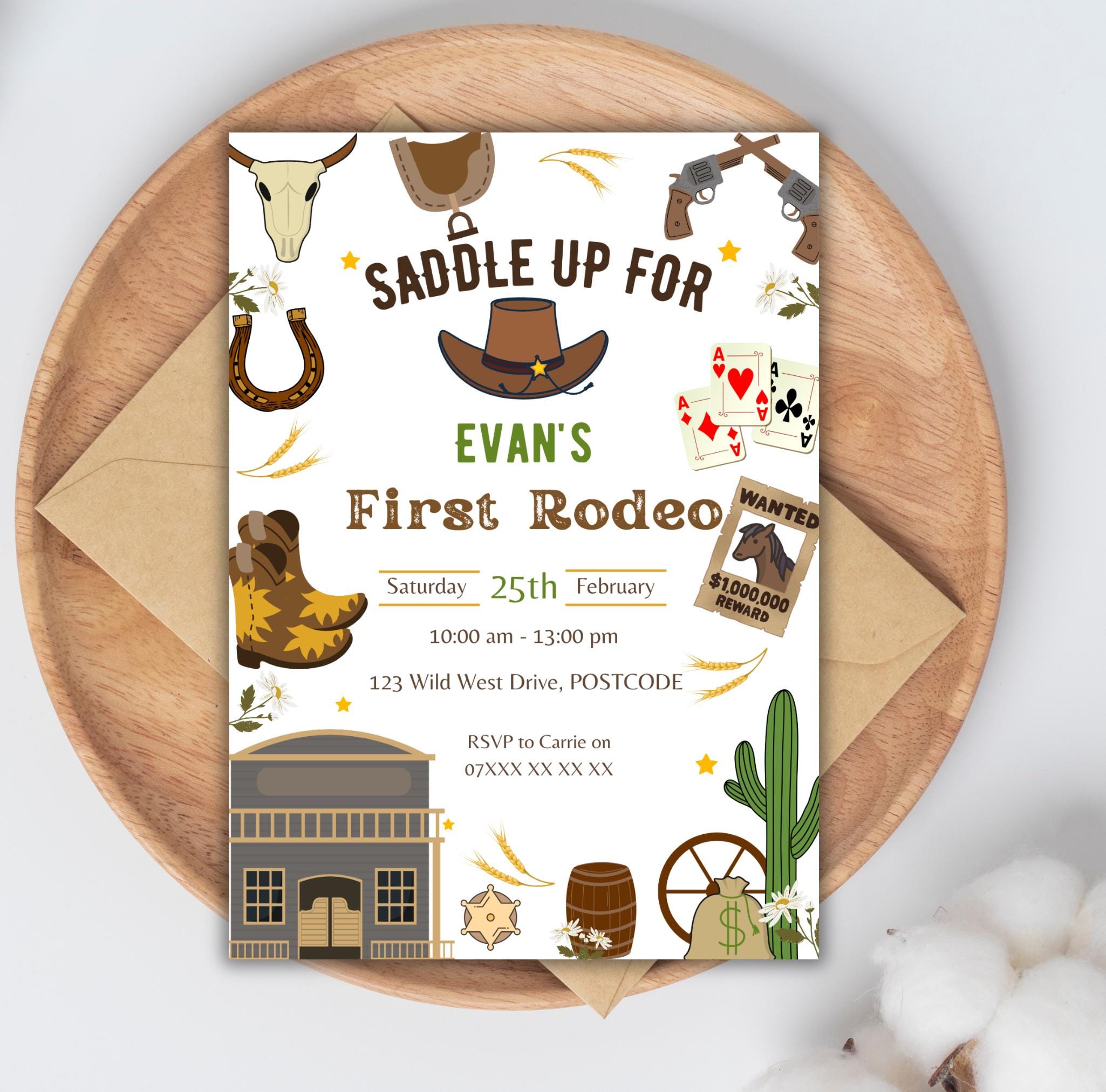 Editable First Rodeo Invitation | Cowboy Wild West Boys First Birthday ...