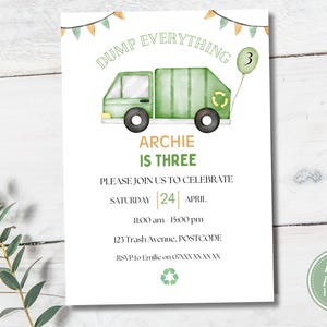 Editable Garbage Truck 3rd Birthday Invitation | Trash bash Invite | Children's Third Bday Party