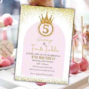 Inbjudan till prinsessans 5-årsdag: Rosa & guld glitterkrona (endast digital fil)