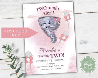 TWOnado 2nd Birthday Invitation Girl, Tornado Second Birthday Invite, Pink Pastel Party, Editable Canva Template, Two-nado Birthday