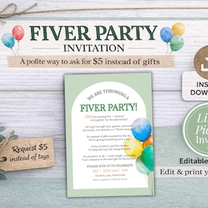 Fiver Party Invitation | Editable Canva Birthday Invitation | Polite Five Dollar No Gift Request Printable
