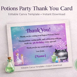 Peut inclure: Carte de remerciement sur le thème des potions magiques. La carte présente le texte "Merci !" et "Potions Party". La carte a une palette de couleurs violet, bleu et vert, avec des illustrations de flacons de potion et d'un chaudron.