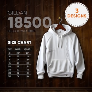 Gildan 18500 Tabla de tallas / Formato cuadrado / Medidas de sudadera con capucha / Maqueta de tabla de tallas de sudadera con capucha / Tabla de tallas de Gildan / Unisex / Blanco / Negro