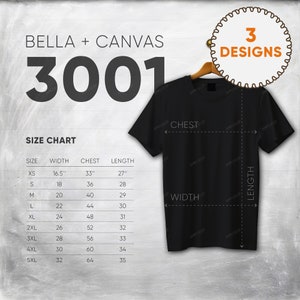 Tabla de tallas de Bella Canvas 3001 / Formato cuadrado / Medidas de camiseta / Maqueta de tabla de tallas de camiseta de color blanco / Tabla de tallas de Bella Canvas