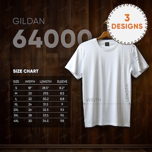 Gildan 64000 Tabla de tallas / Formato cuadrado / Medidas de camiseta / Maqueta de tabla de tallas de camiseta de color blanco / Tabla de tallas de Gildan