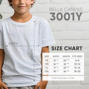 Tabla de tallas Bella Canvas 3001Y / Formato cuadrado / Color blanco / Tabla de tallas Bella Canvas / Niño
