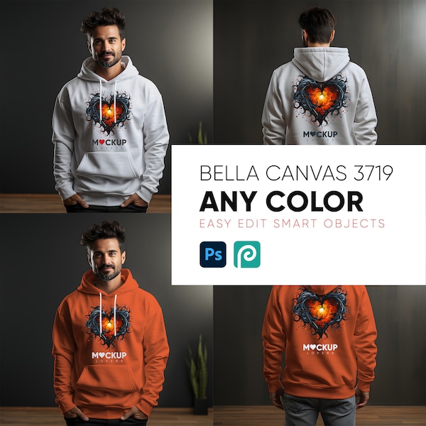 Bella Canvas 3719 Unisex Sponge Fleece Pullover Hoodie Mockup | Front and Back | Editable Mockup | DIY easy edit | Photoshop | Photopea