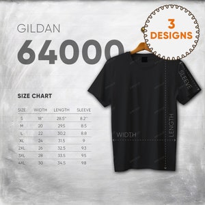 Gildan 64000 Tabla de tallas / Formato cuadrado / Medidas de camiseta / Maqueta de tabla de tallas de camiseta de color blanco / Tabla de tallas de Gildan