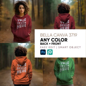 Peut inclure: Une maquette de sweat-shirt rouge, orange et vert avec le texte "YOUR DESIGN HERE" sur le devant et le dos. Le sweat-shirt est un Bella + Canvas 3719 et est disponible dans toutes les couleurs. Il s'agit d'un objet intelligent et peut être facilement édité dans Photoshop.
