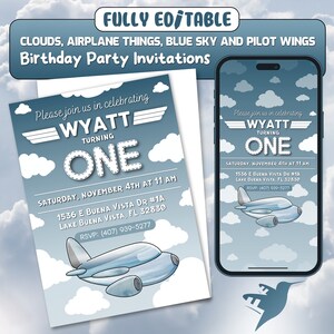 Bearbeitbare Flugzeug & Wolken Geburtstagseinladung mit verschiedenen Größen für Kleinkind, Babys erster Geburtstag, digital, druckbar, anpassbarer Text