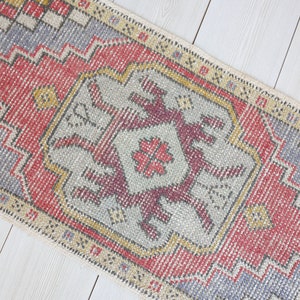 2x3 Red Blue Handmade Wool Doormat, Blue Turkish Rug, 2x3 Red Oushak Dormat, 2x3 Vintage Small Rug, Bathroom, Entry, Bedroom Rug  1.6x3.0 ft