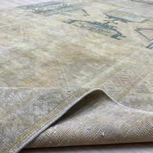 Vintage Oushak Wool Rug 4.1x8.0: Beige Green Hand-Knotted Turkish Rug